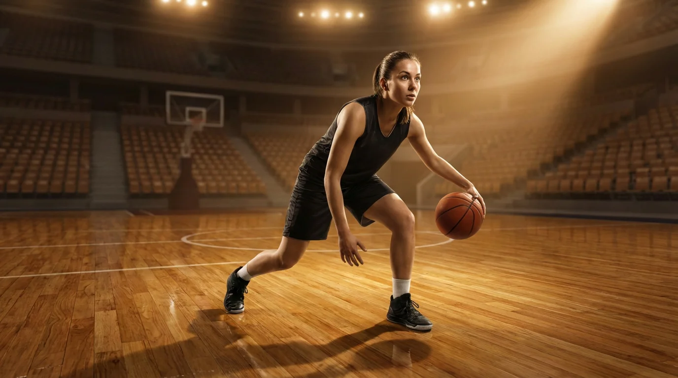 Jugadora de baloncesto botando el balón en una cancha profesional con iluminación de pabellón