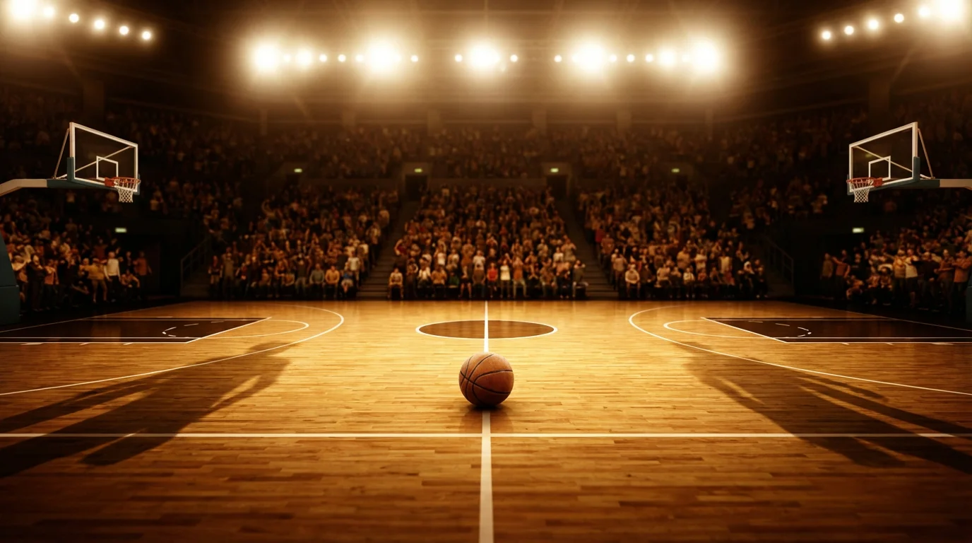 Cancha de baloncesto profesional iluminada durante un partido nocturno con gradas llenas de espectadores