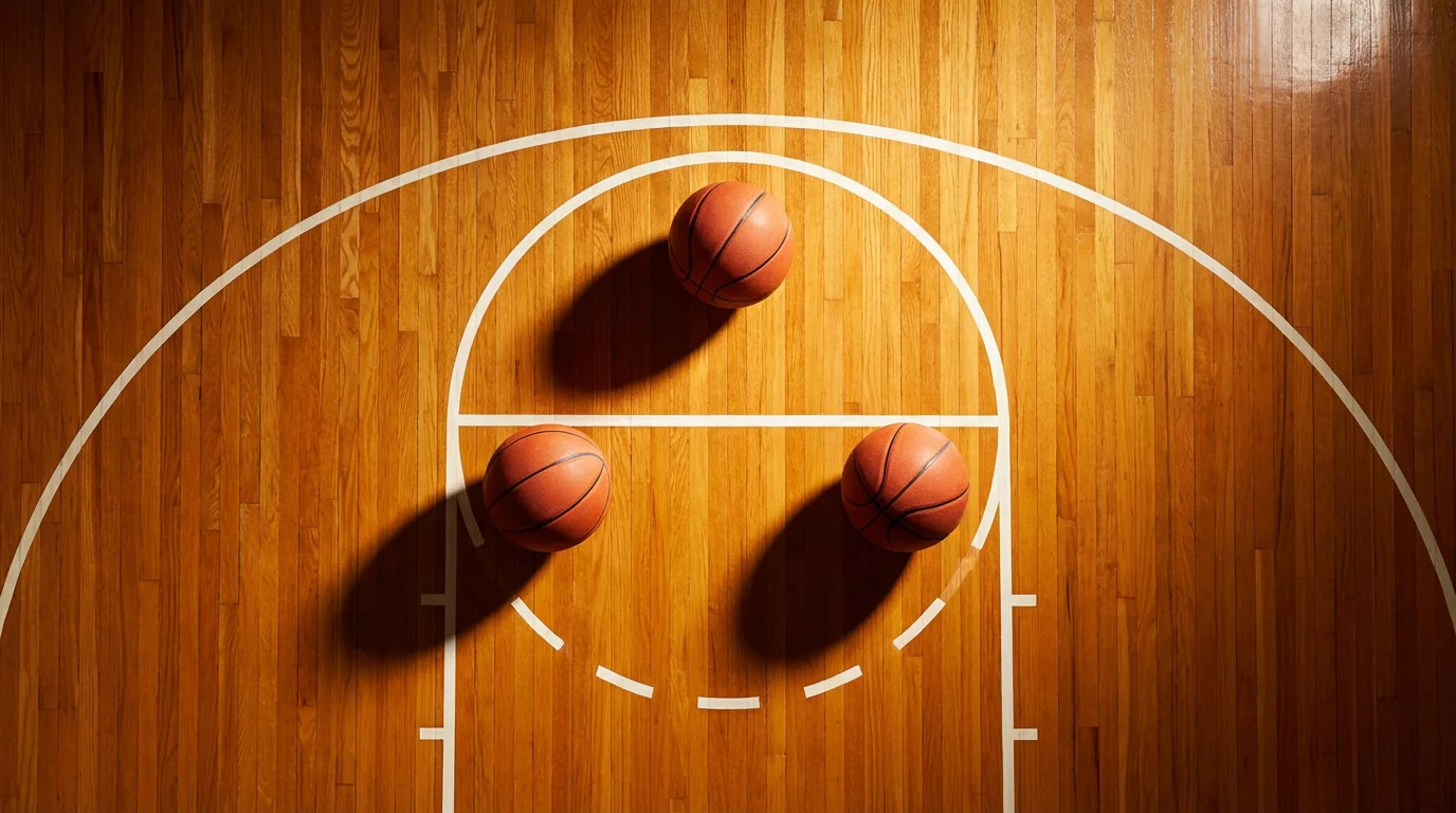 Varios balones de baloncesto alineados sobre una cancha de parqué, vista cenital