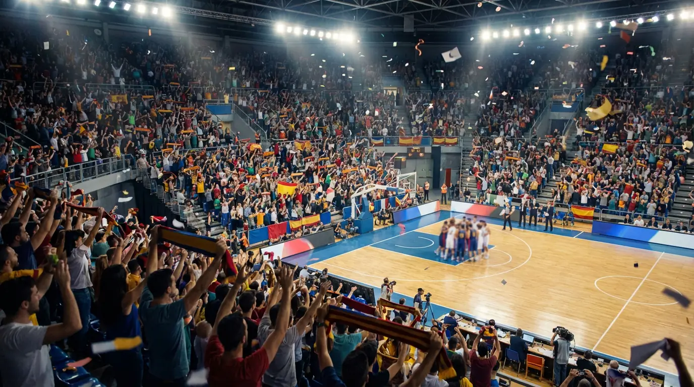 Pabellón de baloncesto lleno de público durante un torneo eliminatorio en España