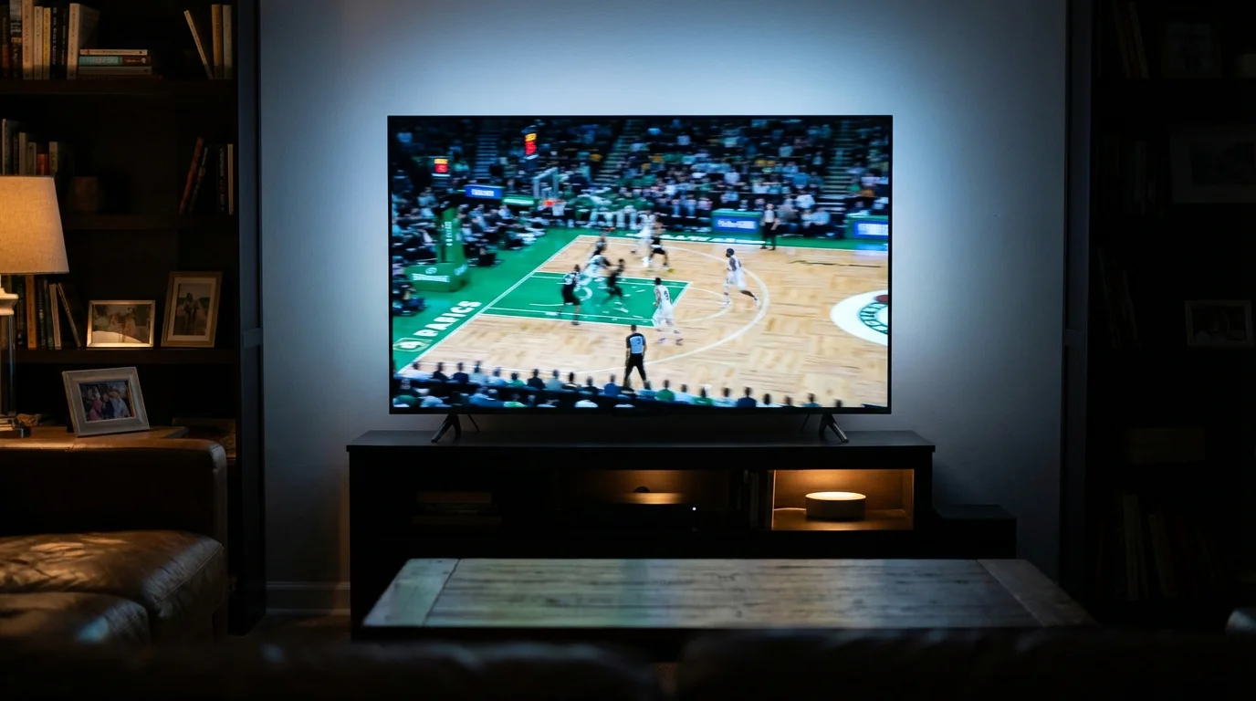 Pantalla de televisión mostrando un partido de baloncesto NBA en directo en un salón con iluminación tenue