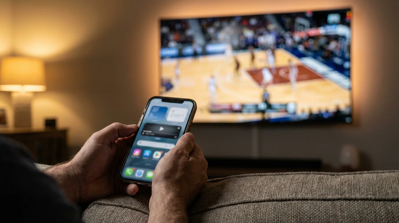 Apuestas en vivo de baloncesto: aficionado viendo partido de basket en directo con móvil