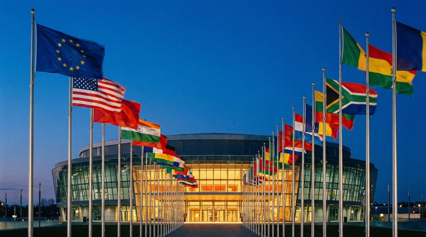 Banderas de múltiples países ondeando junto a una cancha de baloncesto en un evento internacional FIBA