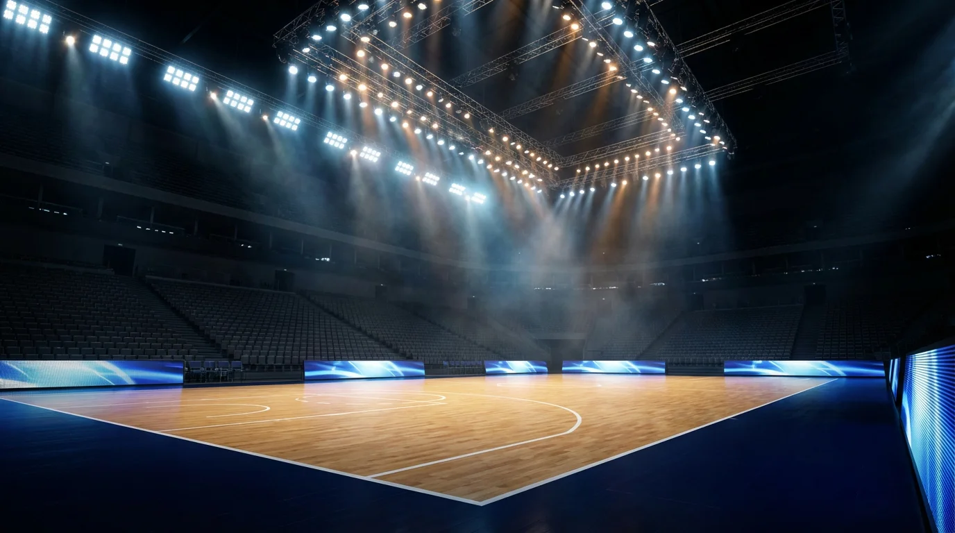 Cancha de baloncesto europeo con iluminación espectacular en un gran pabellón antes de la Final Four