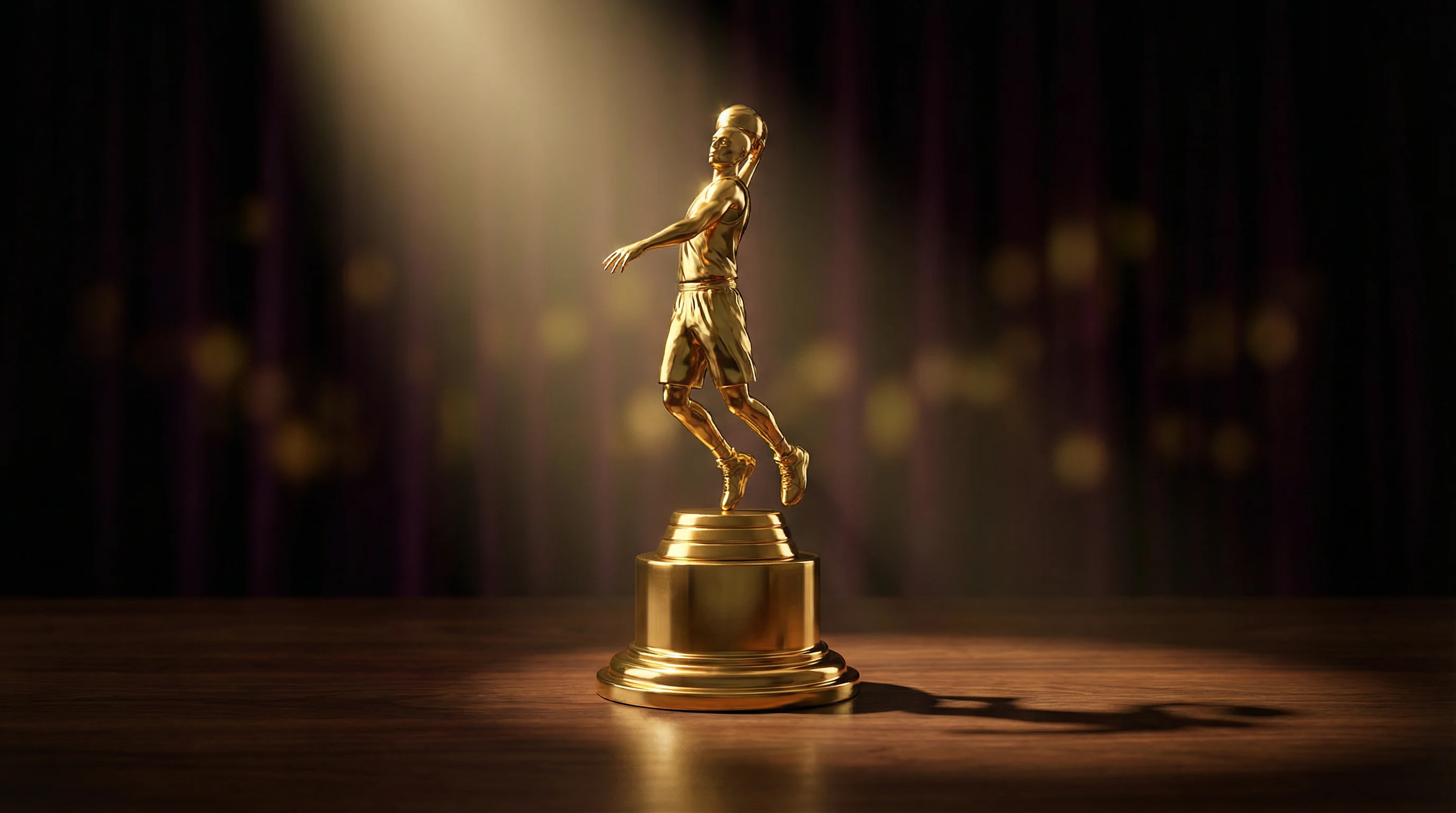 Trofeo dorado de campeonato de baloncesto sobre una mesa con luz dramática lateral