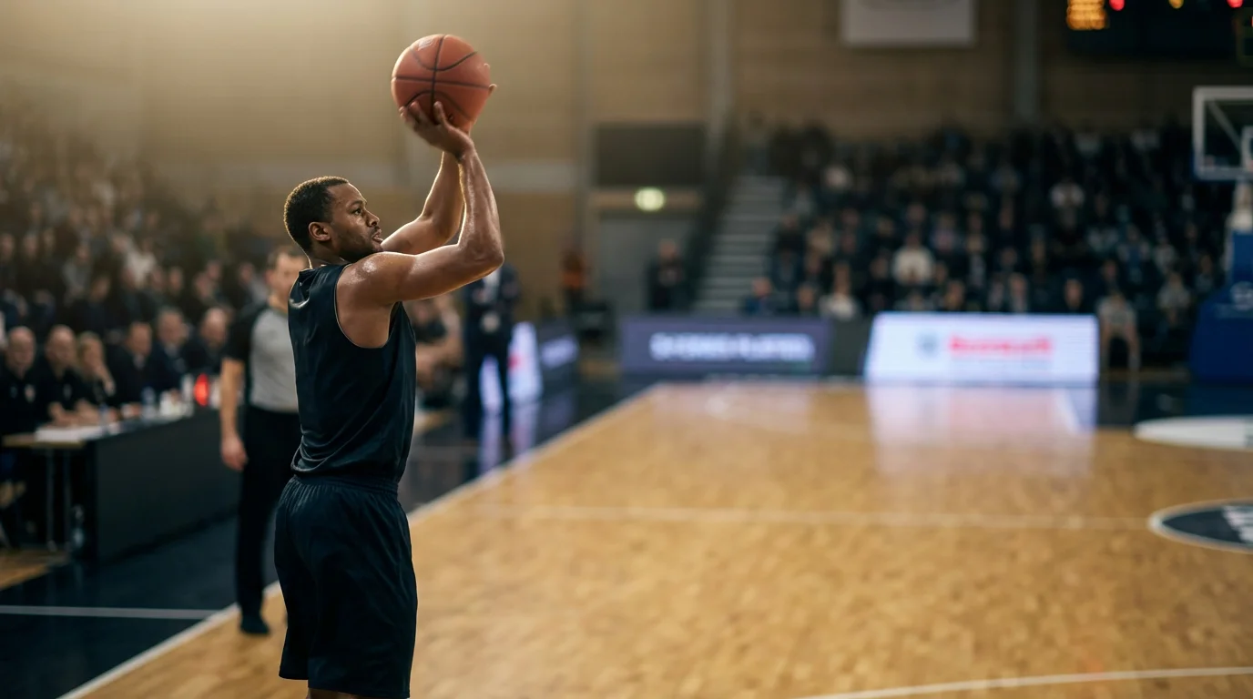 Apuestas hándicap en baloncesto: jugador realizando un tiro en suspensión durante un partido
