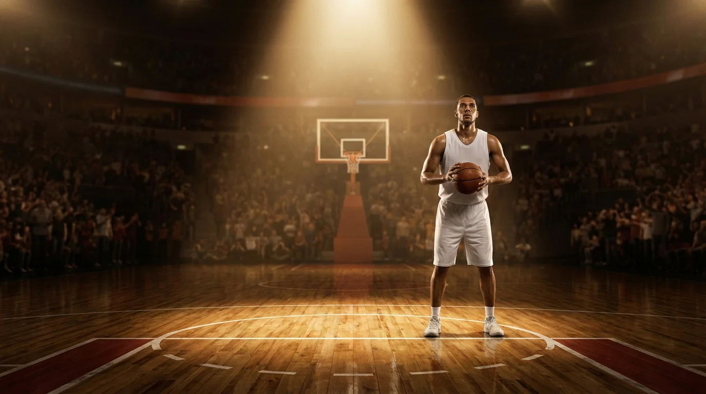 Jugador de baloncesto NBA lanzando un tiro libre con el foco iluminándolo en la línea de personal