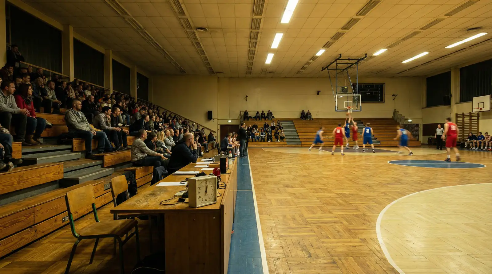 Pabellón de baloncesto pequeño con gradas parcialmente llenas durante un partido de liga menor