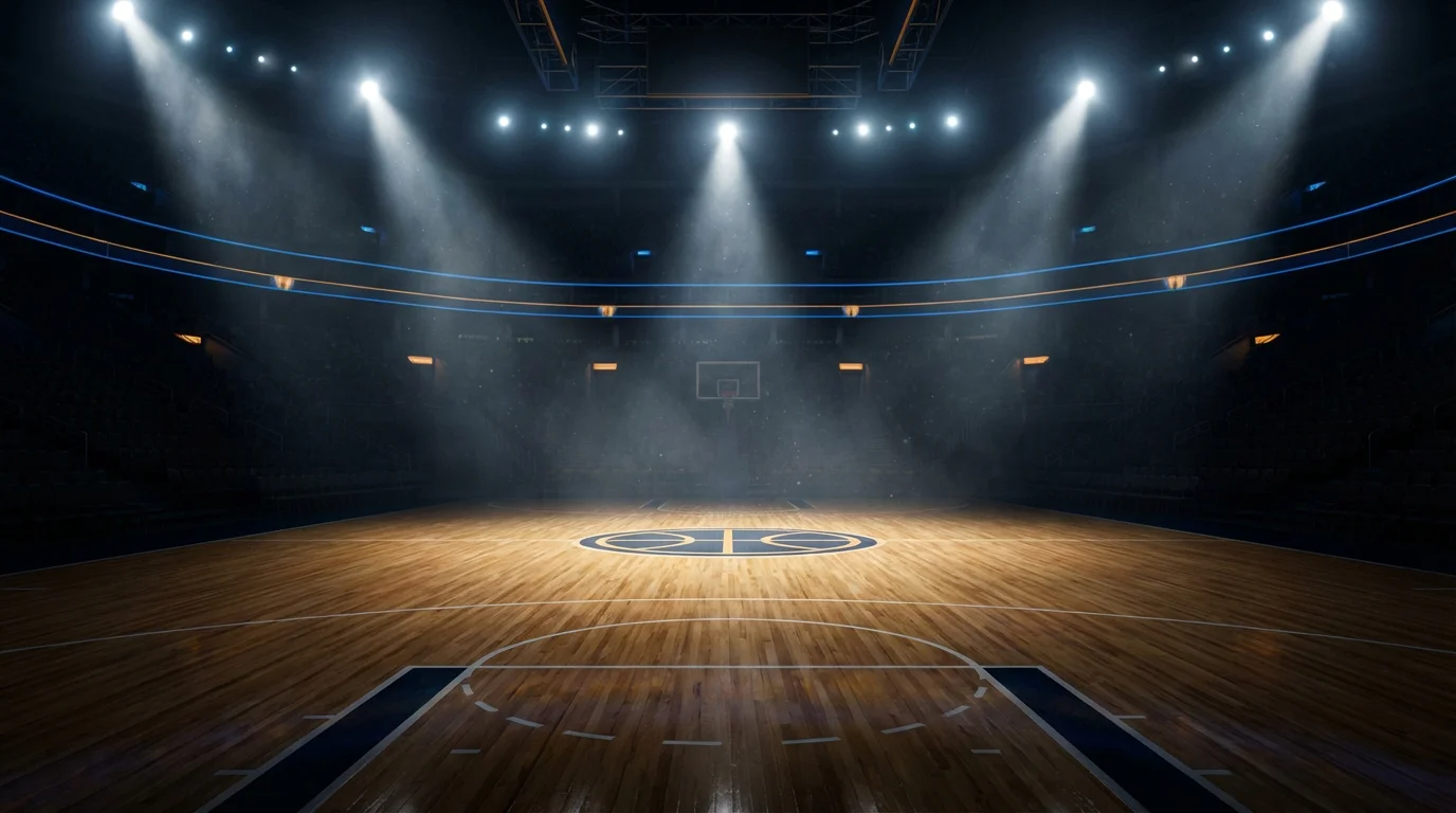 Cancha de baloncesto NBA vacía iluminada con focos antes de un partido de playoffs