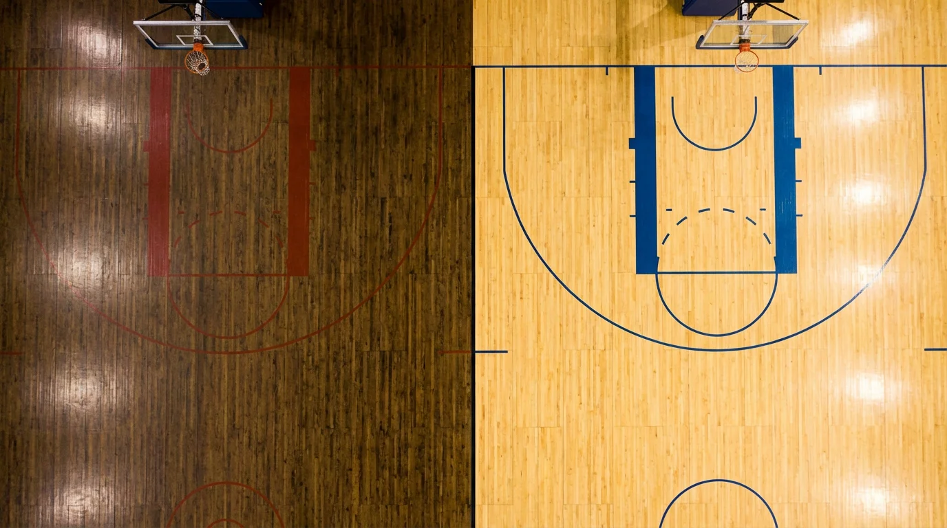 Dos canastas de baloncesto enfrentadas en una cancha dividida entre parqué americano y suelo europeo