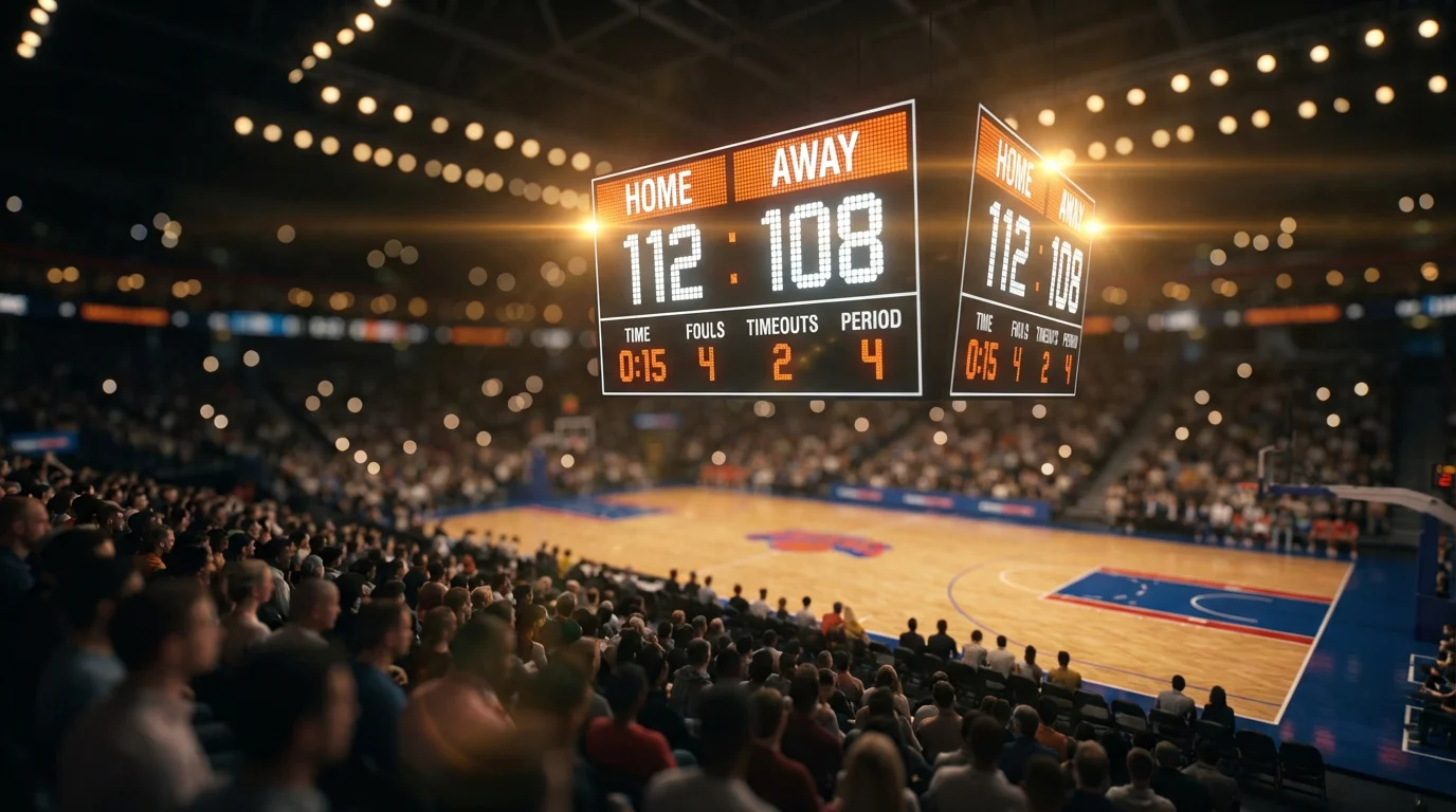 Marcador electrónico de baloncesto iluminado mostrando una puntuación alta en un pabellón