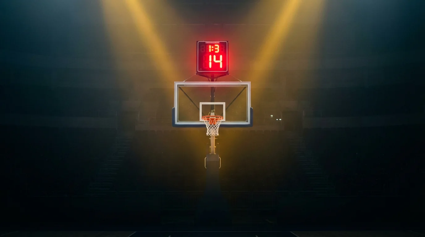 Reloj de posesión de baloncesto iluminado en rojo sobre el tablero de un pabellón deportivo