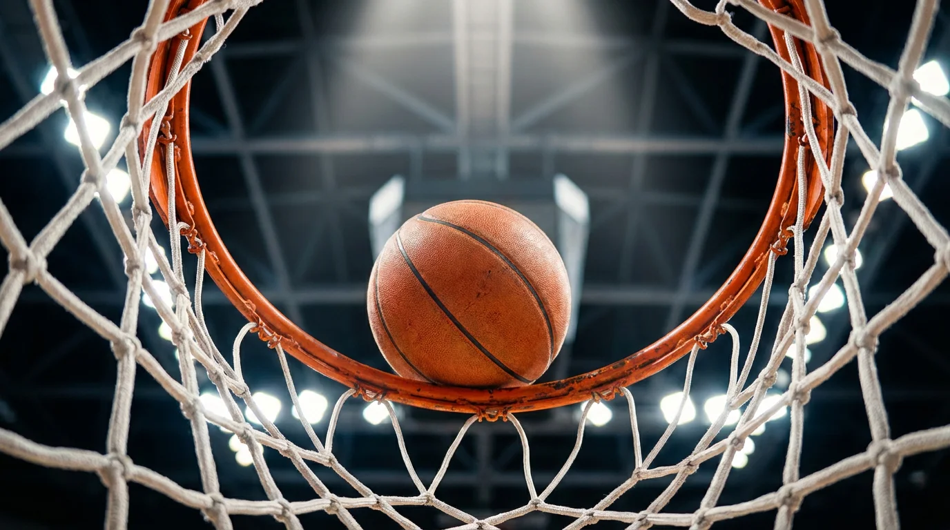 Balón de baloncesto en equilibrio sobre el aro de la canasta visto desde abajo con la red colgando