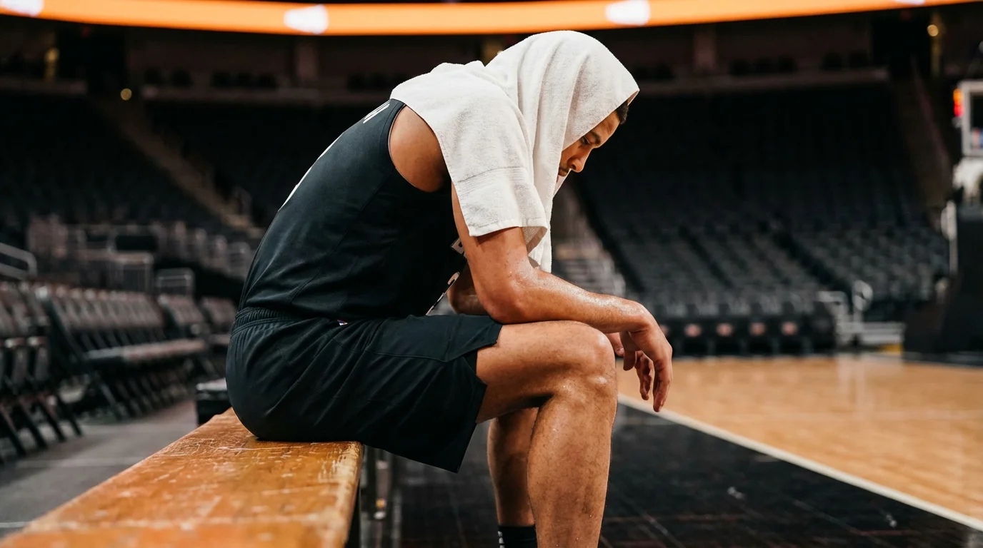 Jugador de baloncesto NBA sentado en el banquillo secándose el sudor con una toalla, visiblemente fatigado