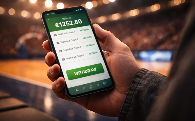 Mano de un hombre sosteniendo un teléfono móvil con una pantalla verde iluminada frente a una cancha de baloncesto desenfocada