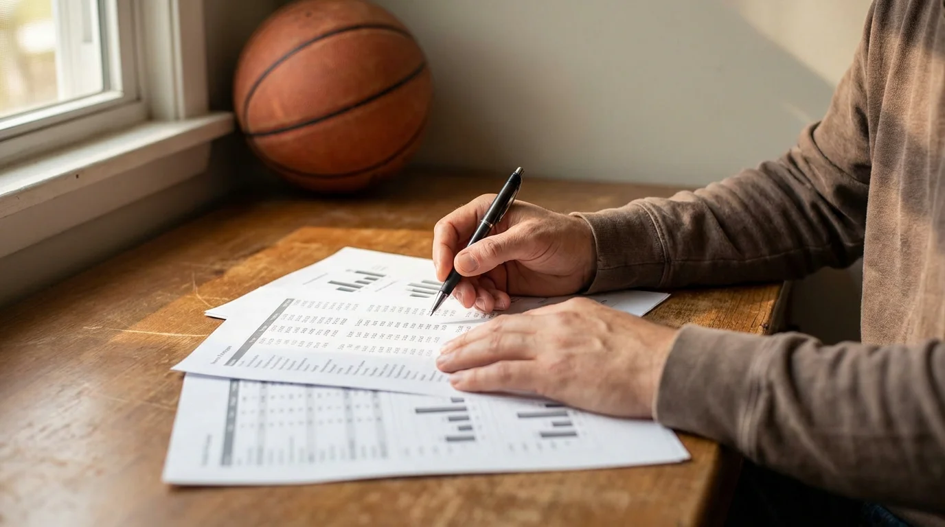 Persona analizando estadísticas de baloncesto con documentos y un bolígrafo sobre una mesa