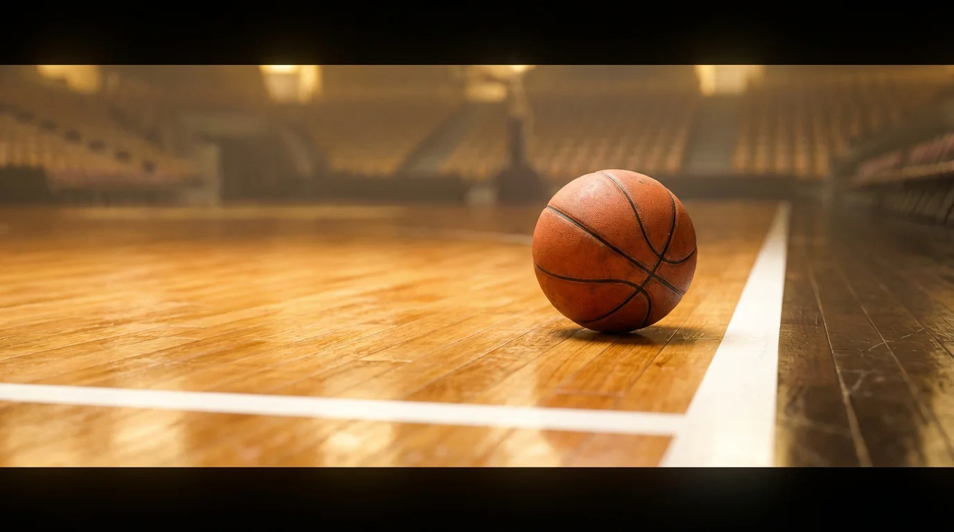 Balón de baloncesto rodando fuera de la cancha hacia la línea de banda sobre parqué de madera