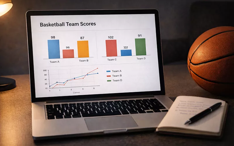 Pantalla de ordenador portátil mostrando gráficos de barras de rendimiento de baloncesto en un escritorio ordenado