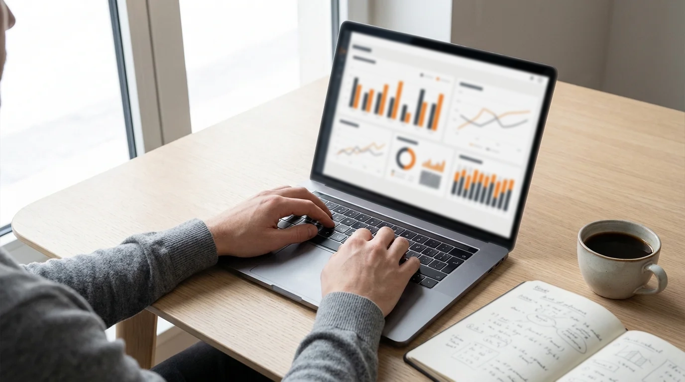 Persona analizando estadísticas de baloncesto en un portátil con gráficos de rendimiento de equipos
