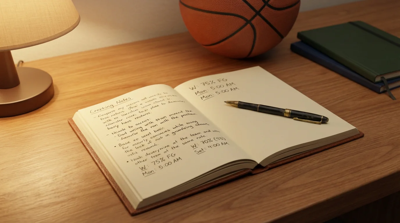 Cuaderno abierto con anotaciones y un bolígrafo junto a un balón de baloncesto sobre un escritorio
