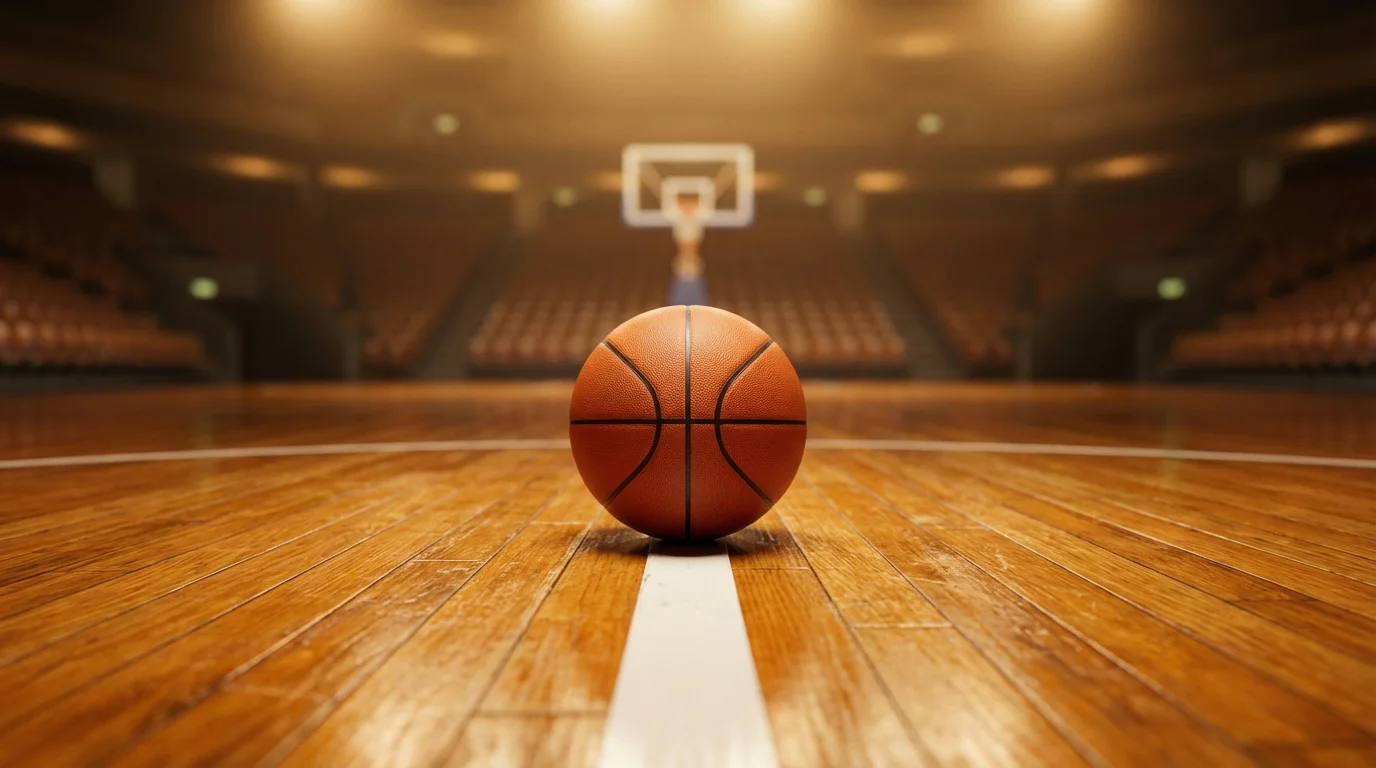 Balón de baloncesto sobre la línea central de una cancha de parqué, vista a ras de suelo