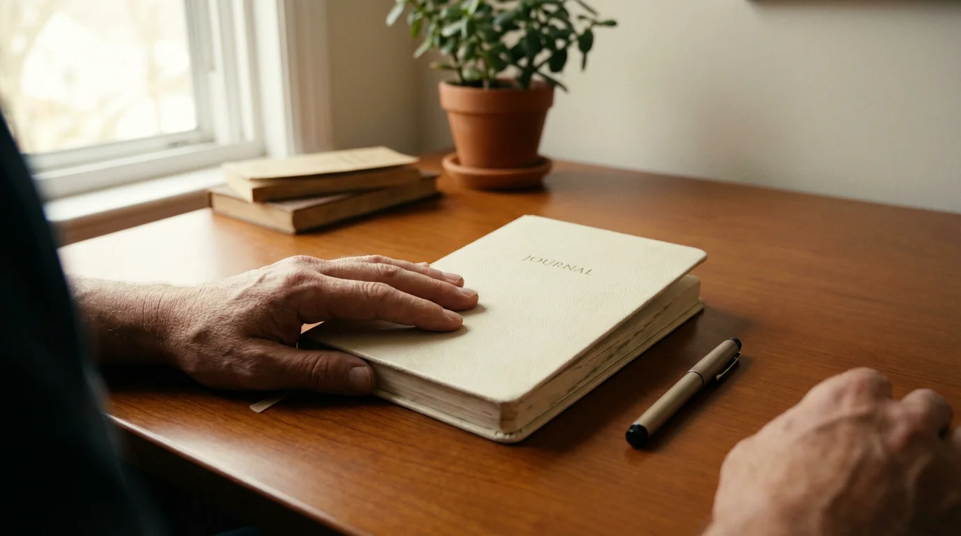 Manos de una persona cerrando con calma un cuaderno sobre un escritorio ordenado con luz natural suave