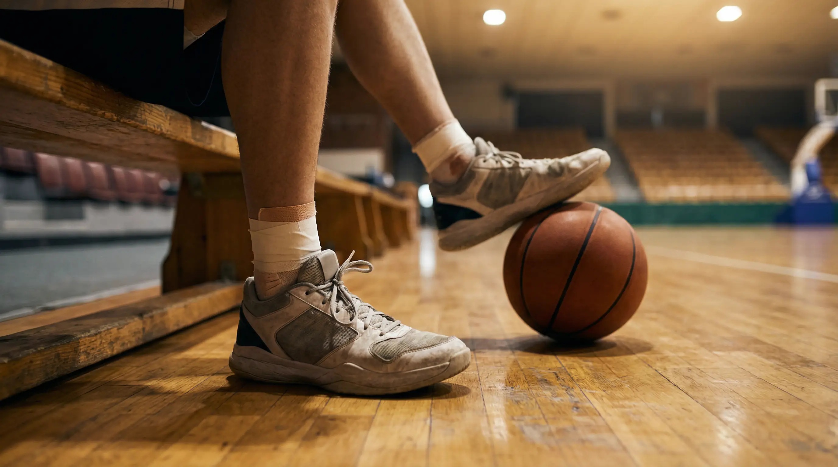Primer plano de las zapatillas y el tobillo vendado de un jugador de baloncesto sentado en el banquillo