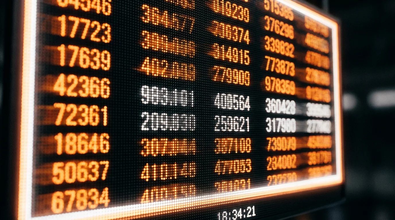 Primer plano de un panel LED de cuotas deportivas con números cambiando, desenfocado con tonos cálidos