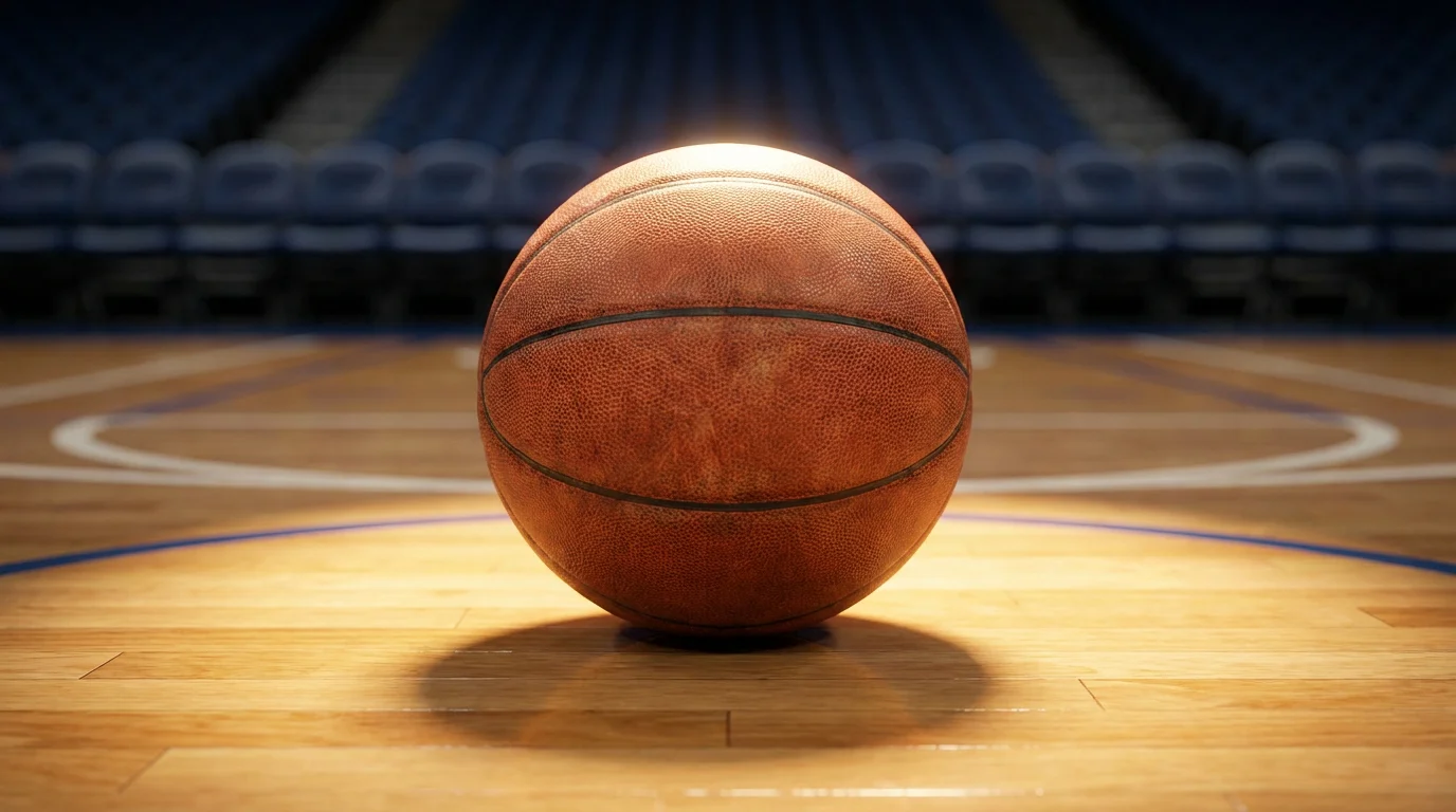 Balón de baloncesto sobre una cancha de parquet profesional con iluminación de estadio
