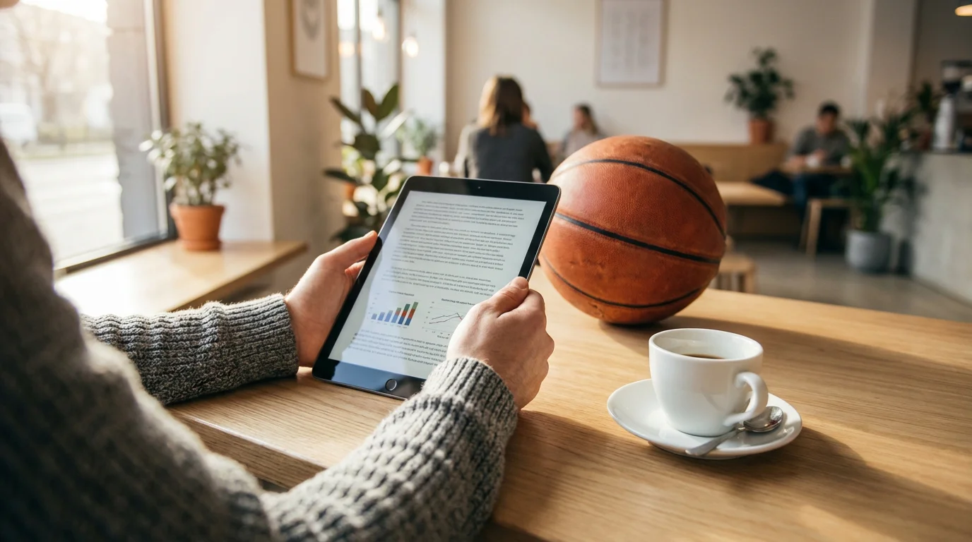 Persona leyendo análisis deportivos en una tablet junto a un café y un balón de baloncesto sobre la mesa