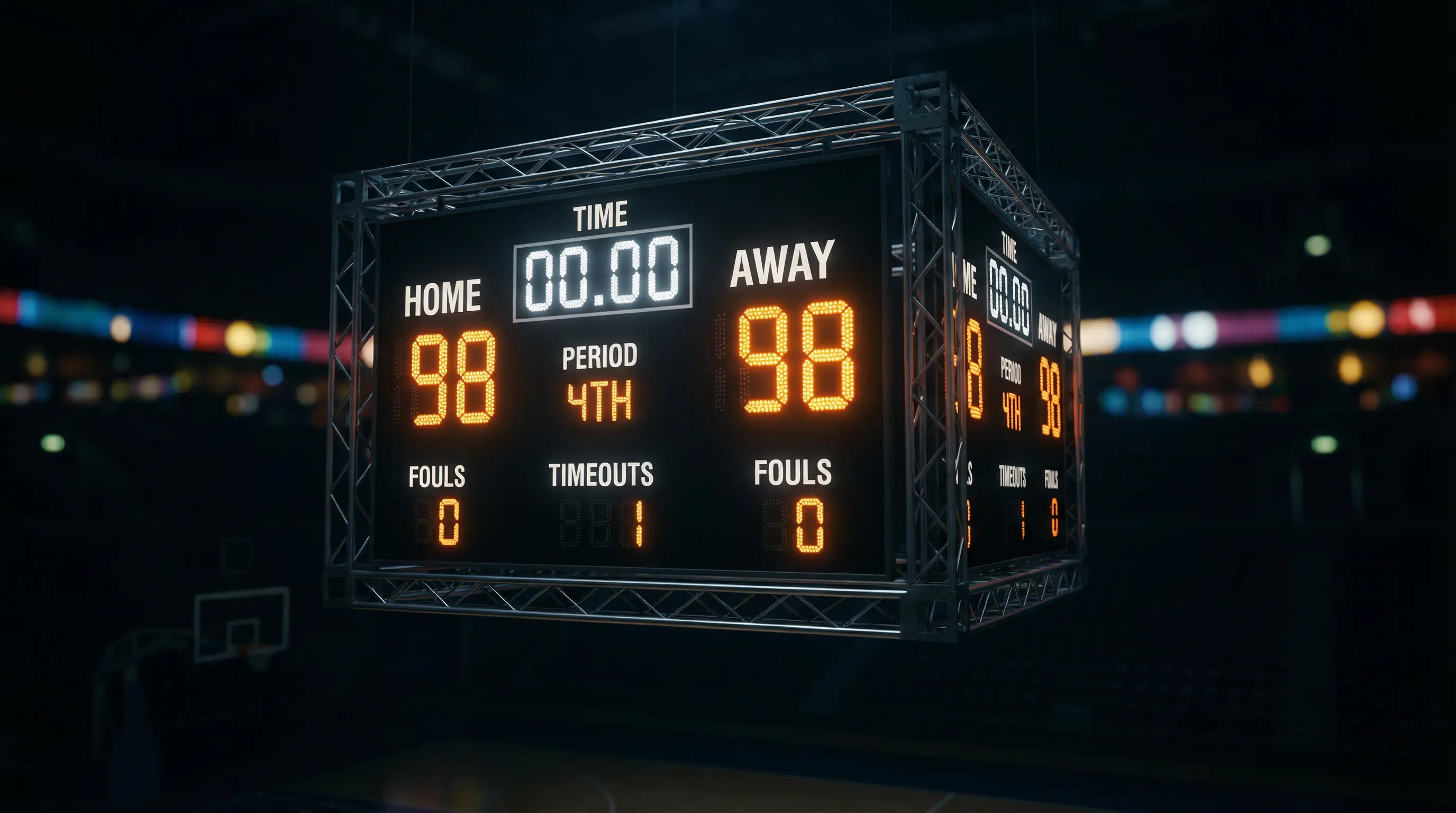 Reloj del marcador de baloncesto mostrando 00:00 en el cuarto período con el marcador empatado
