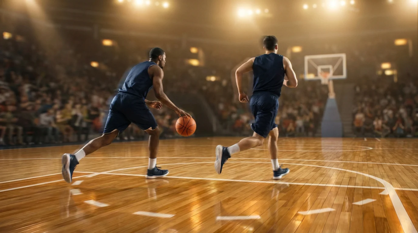 Jugadores de baloncesto corriendo en transición rápida por la cancha con efecto de movimiento