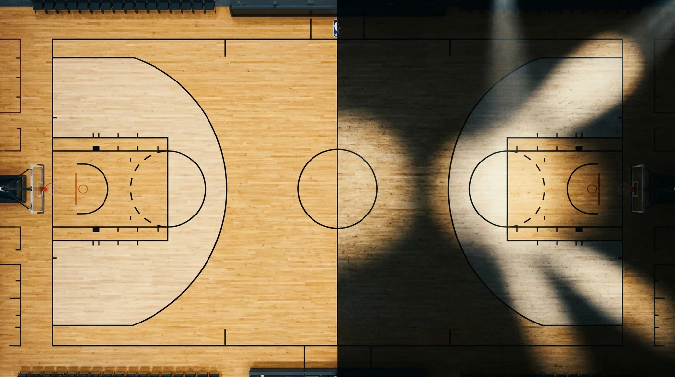 Cancha de baloncesto NBA vista desde arriba con iluminación dividida: mitad en luz normal y mitad con focos intensos de playoffs