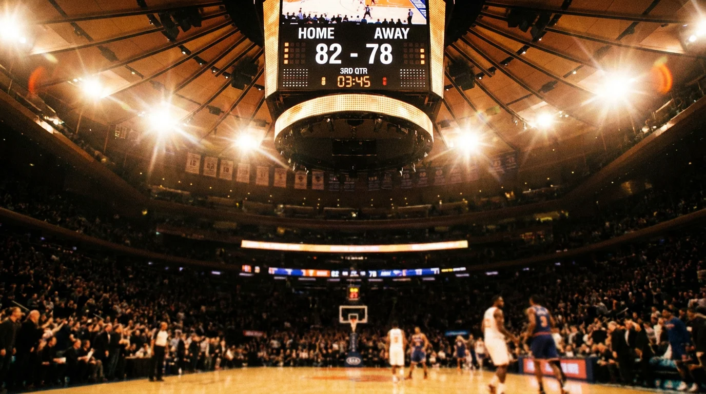 Marcador electrónico de baloncesto mostrando el resultado de un partido NBA entre dos equipos