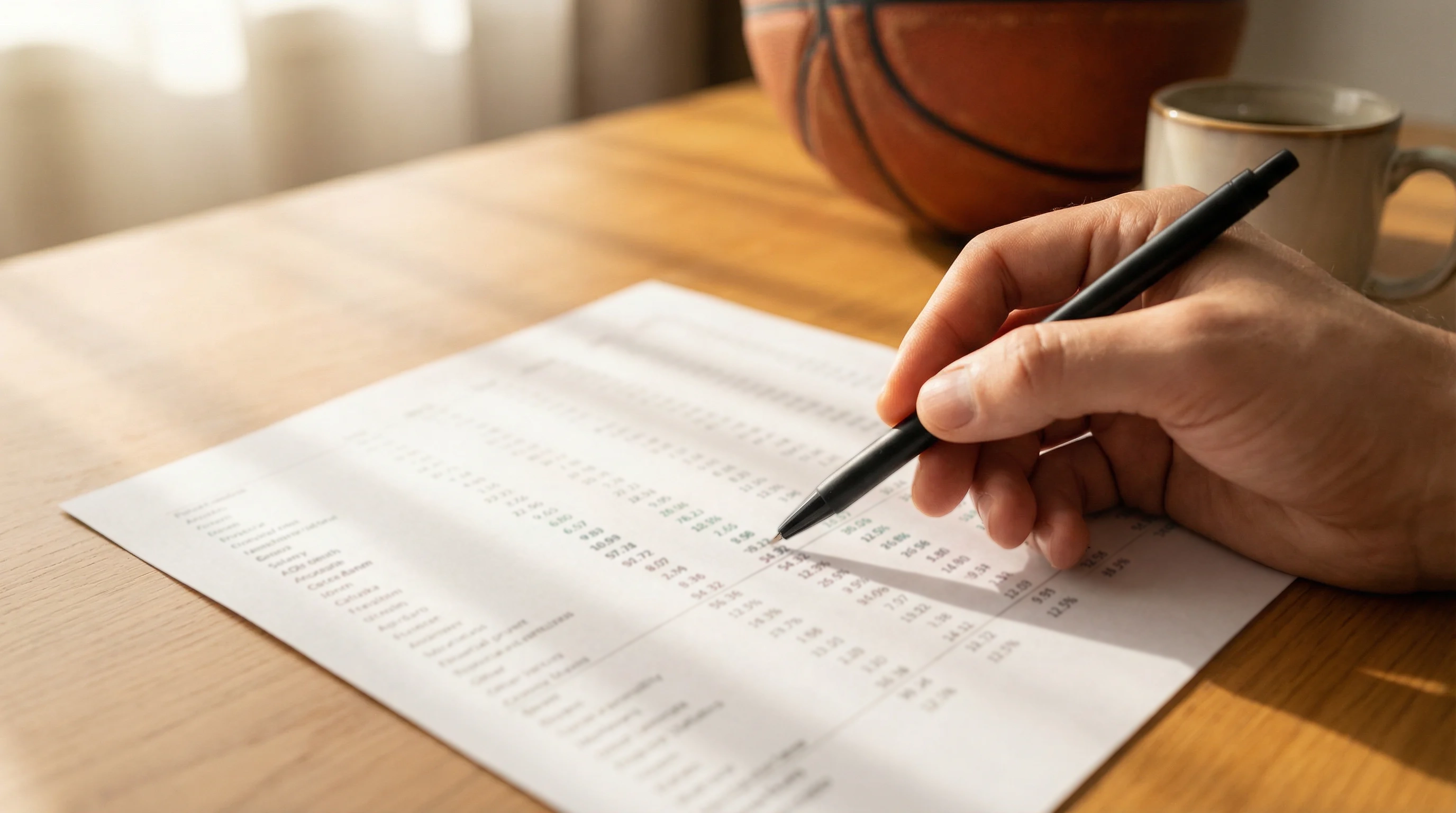 Mano señalando con un bolígrafo una línea de datos en un documento impreso sobre una mesa con un balón de baloncesto al fondo